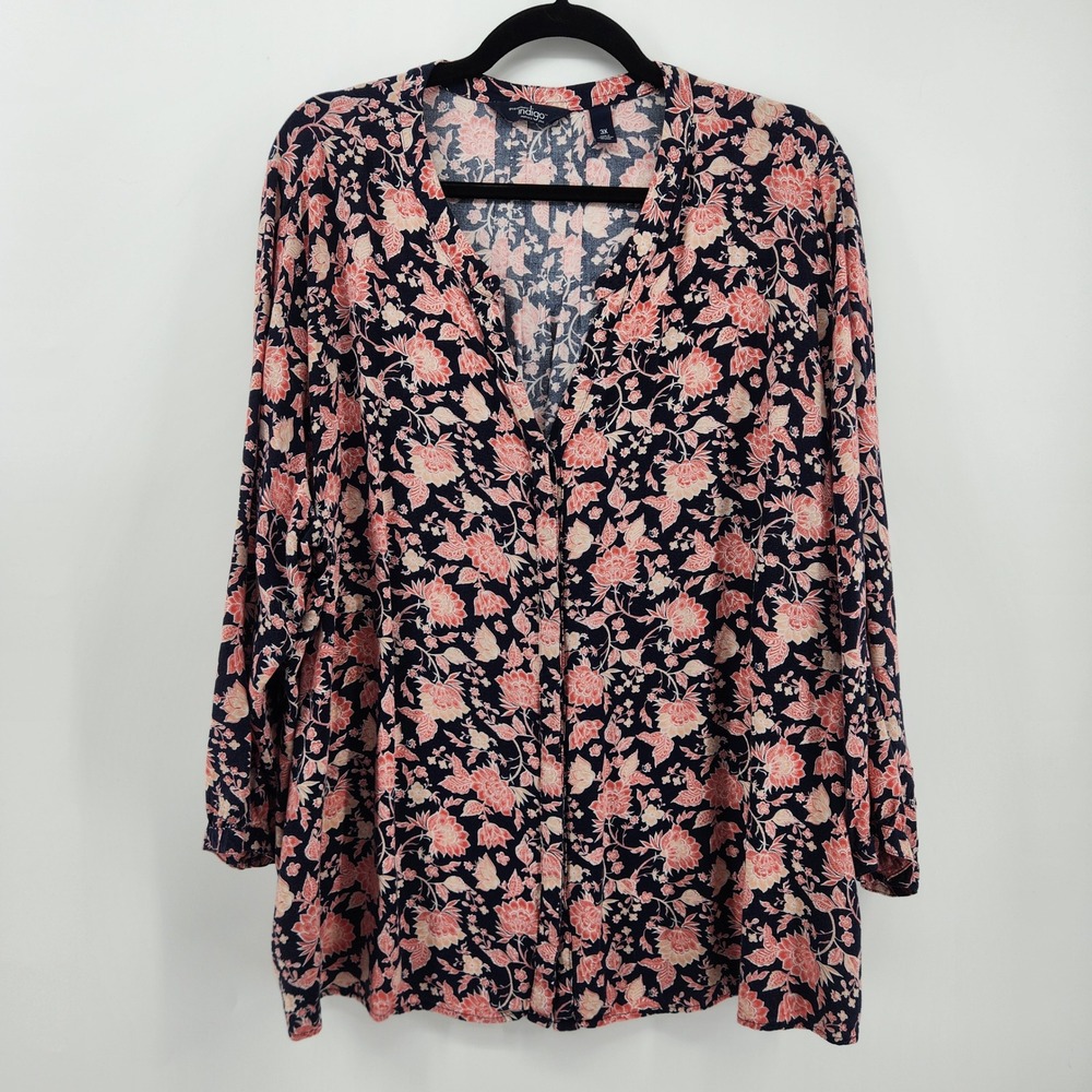 Great Northwest Indigo Blue Pink Floral‎ Print Blouse Plus 3X V-Neck 3/4 Sleeve